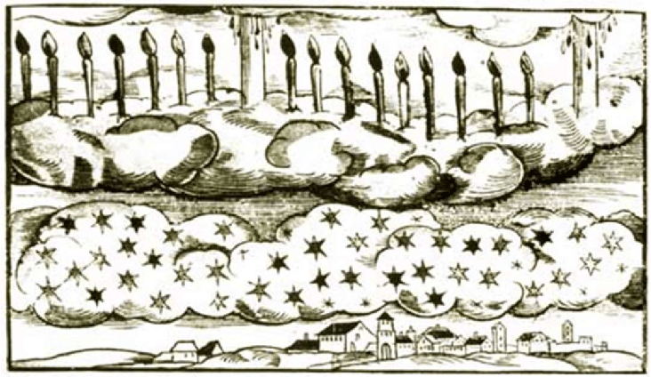 Ранний рисунок северного сияния, изображенного в виде свечей на небе, 1570 год.