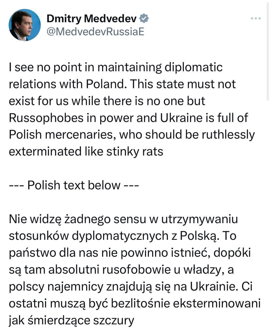 "Не бачу сенсу підтримувати дипвідносини": ображений Медведєв видав нову заяву у бік Польщі