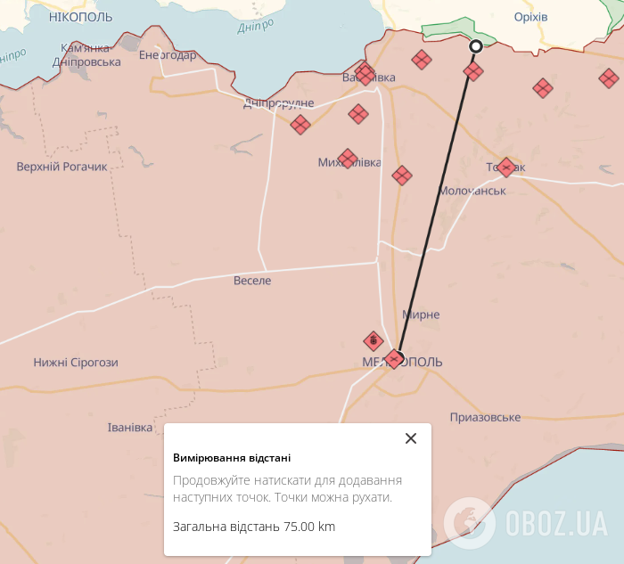 Окупований Мелітополь на карті.