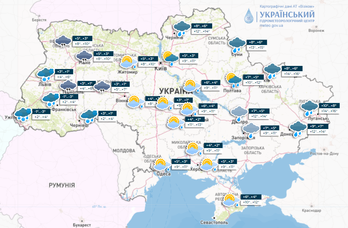 Дощі та сніг не припиняться, але тепло потроху почне повертатися в Україну. Карта