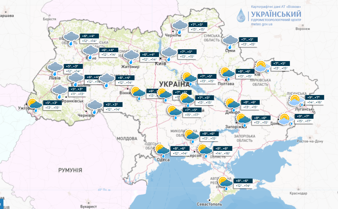 Дожди и снег не прекратятся, но тепло постепенно начнет возвращаться в Украину. Карта