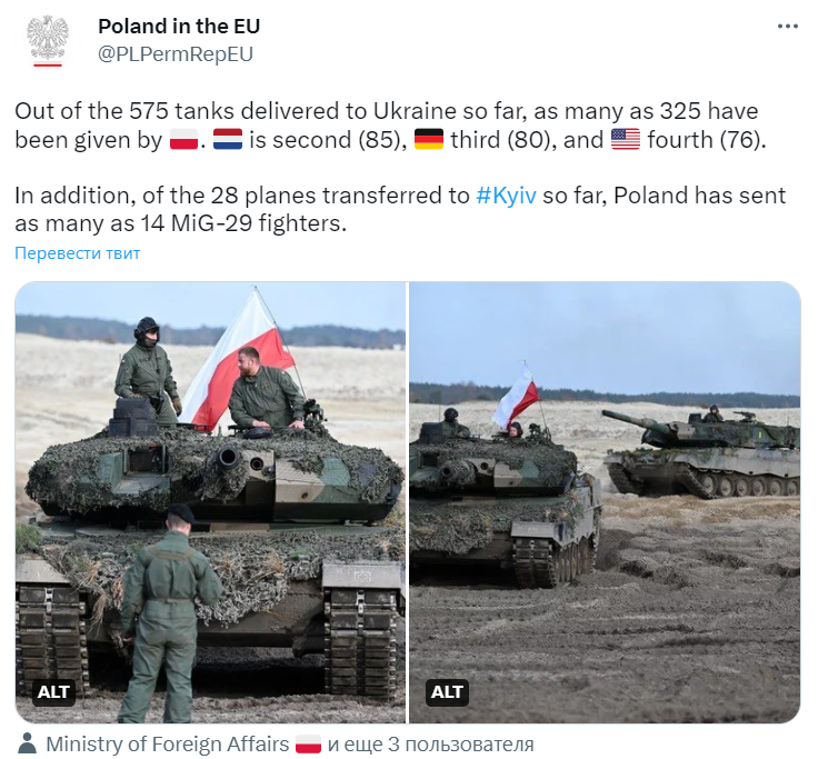 В основном самолеты и танки: в Польше подсчитали, сколько единиц военной техники уже передали Украине