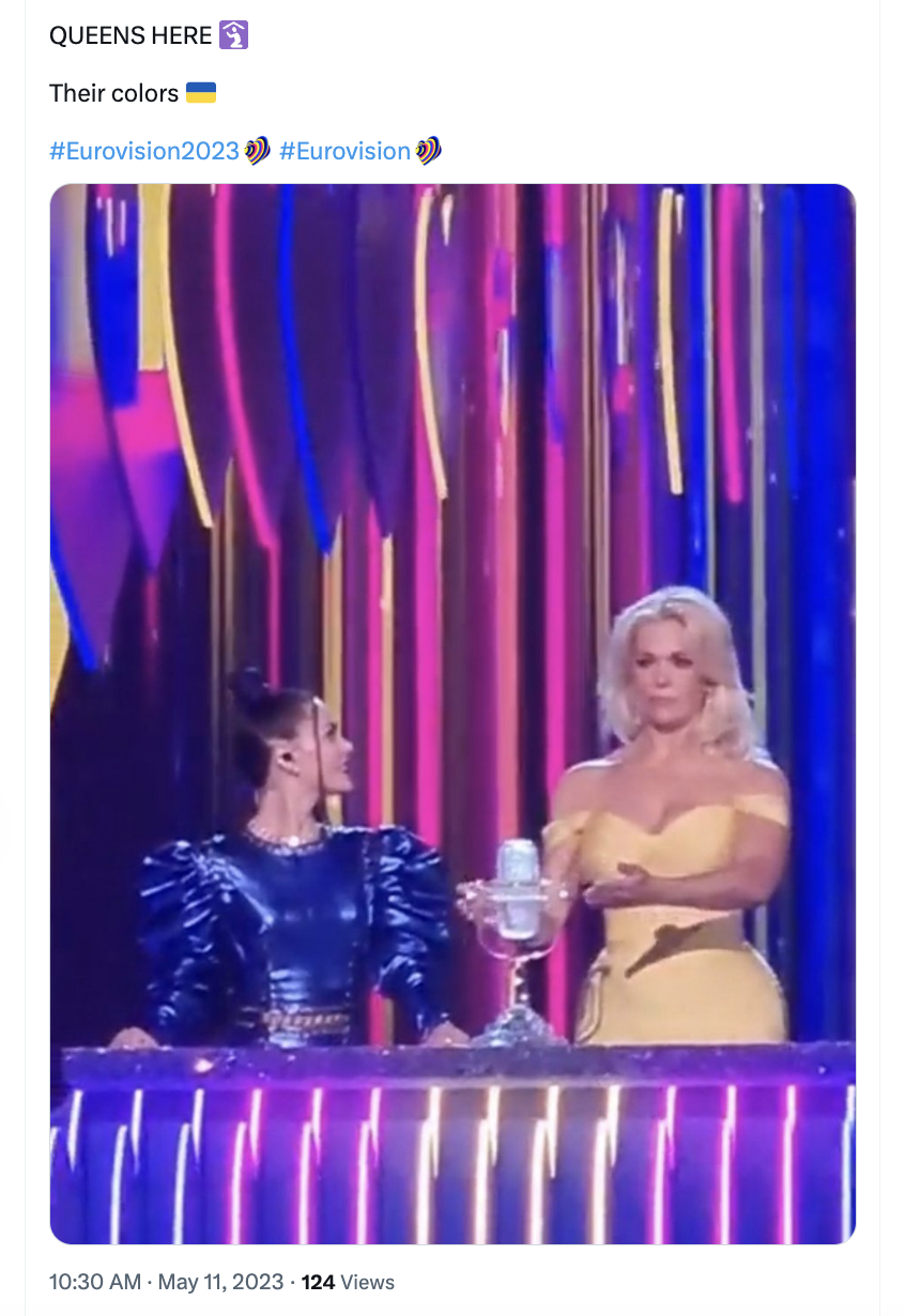 В сине-желтых образах: появились фото Саниной в латексном комбинезоне с репетиции второго полуфинала Евровидения-2023