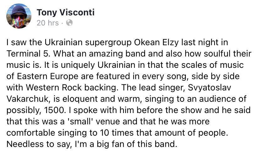 "Я его поклонник": американский продюсер Висконти посетил концерт Вакарчука и восхитился уникальностью треков группы