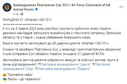 Окупанти вночі запустили по Україні 26 дронів, 21 збили сили ППО: є прильоти у Дніпрі, Кропивницькому і на Миколаївщині
