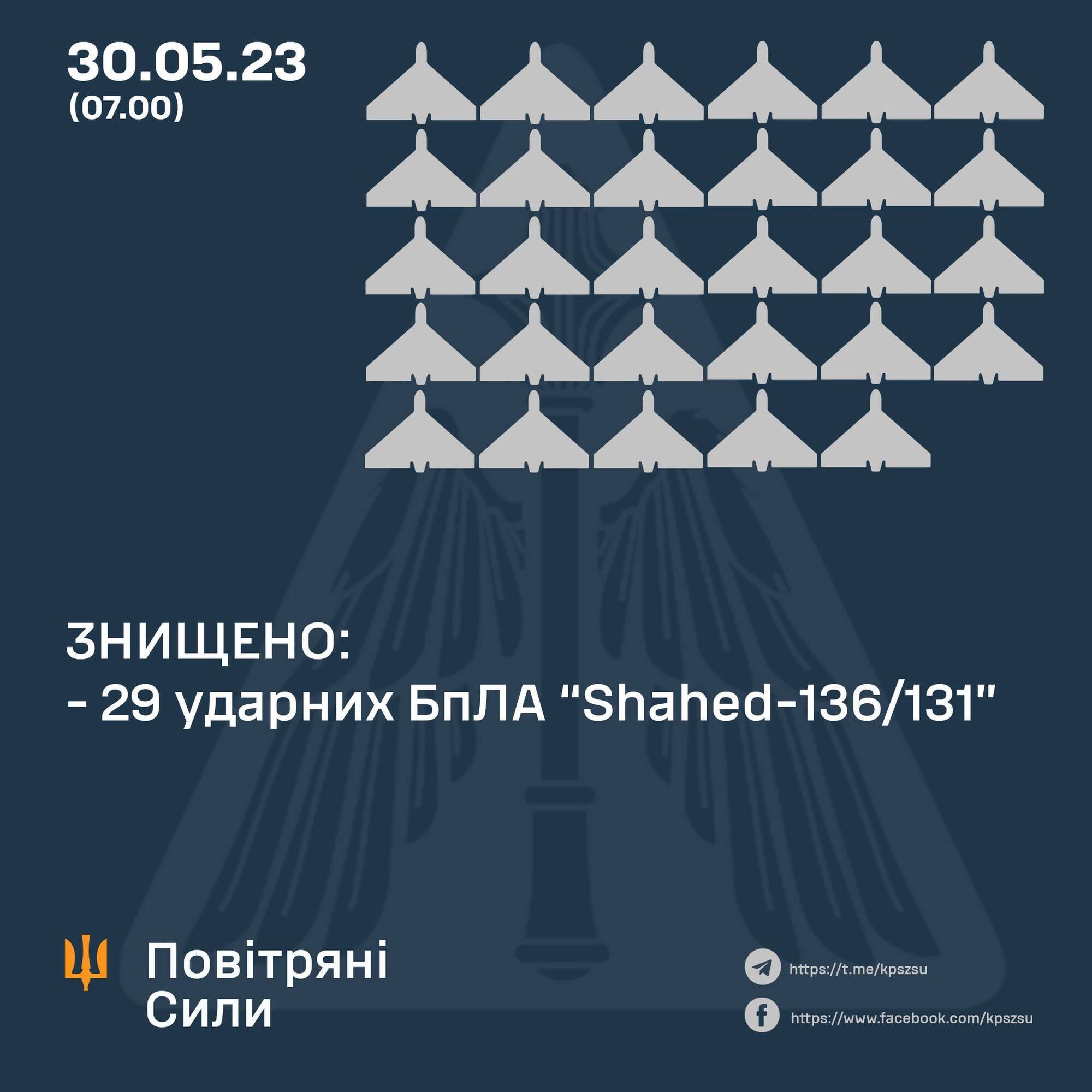 Оккупанты запустили по Украине 31 дрон-камикадзе: силы ПВО сбили 29 "Шахедов"