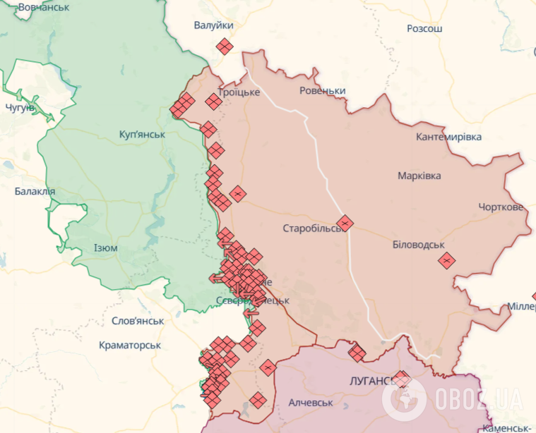 Лінія фронту у Харківській та Луганській областях, карта