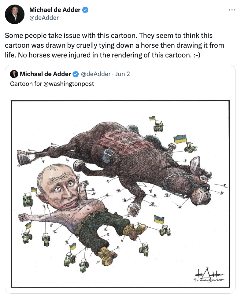 Після зустрічі з українцями виявився прикутим до землі: WР жорстко висміяв Путіна у карикатурі з конем