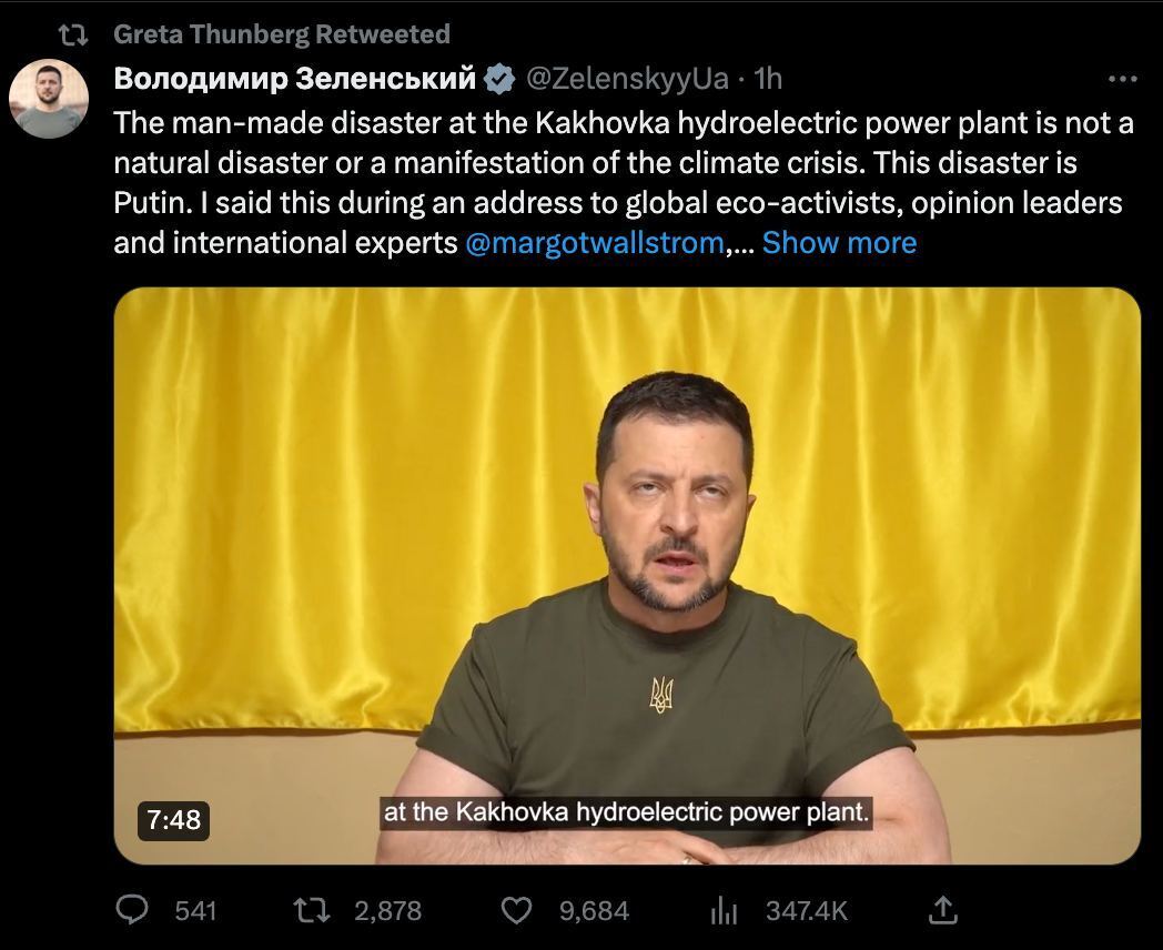 "Россия должна ответить за преступления!" Грета Тунберг отреагировала на подрыв Каховской ГЭС и побеседовала с Зеленским