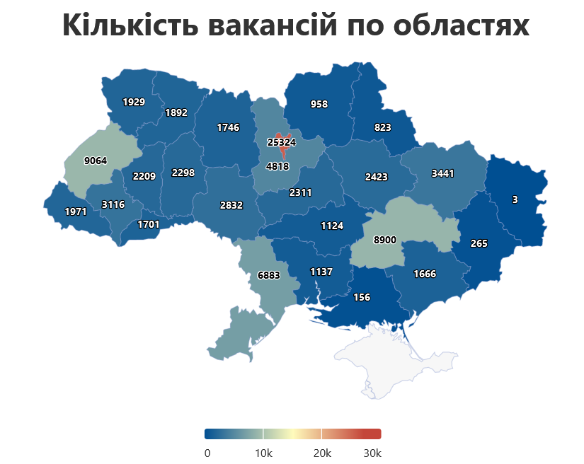 Количество вакансий в Украине по областям