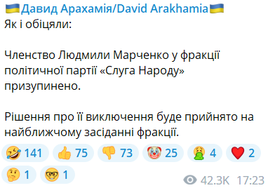 "Слуги народа" приостановили членство в партии Людмилы Марченко, которой НАБУ объявило подозрение: готовится решение об исключении