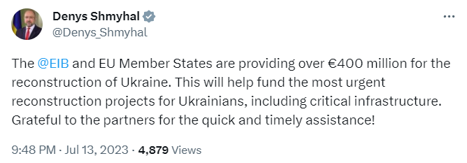 400 млн євро на відновлення: ЄІБ створив новий фонд допомоги Україні