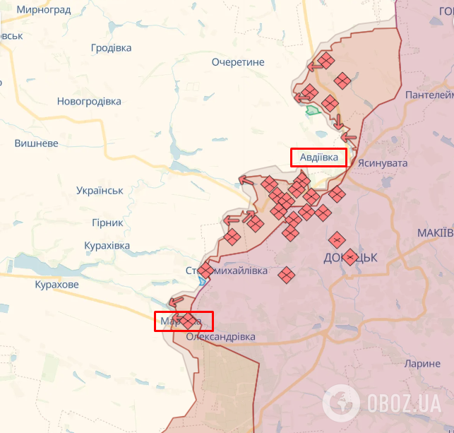 Линия фронта в районе Авдеевки и Марьинки Донецкой области