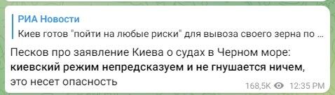 У Кремлі відреагували на заяви України щодо зернової угоди і заговорили про "небезпеку"