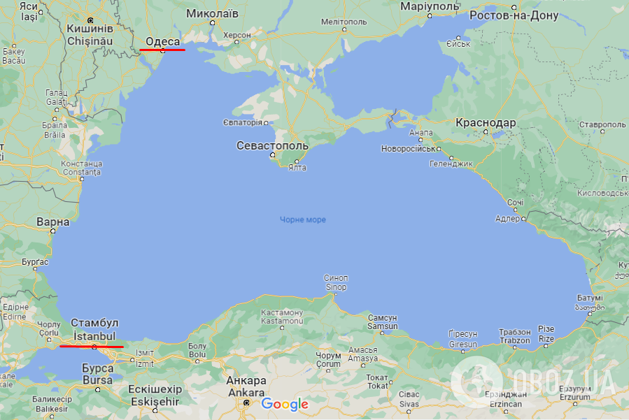 Морской путь из Одессы в Босфор, карта