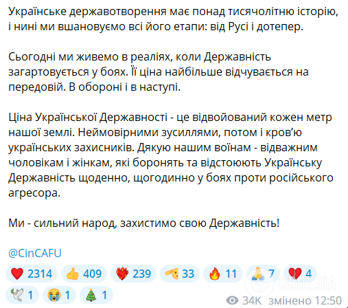 "Мы – сильный народ": Залужный поздравил украинцев с Днем Государственности и напомнил о цене свободы