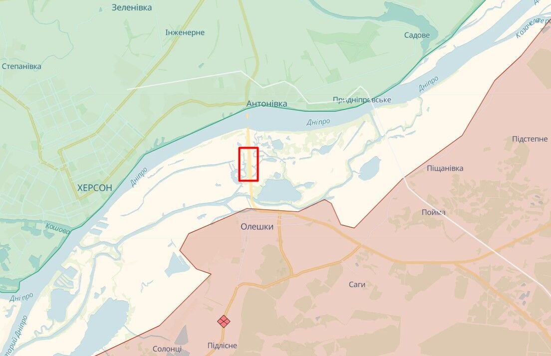 Окупанти поновили свої бойові позиції у Новій Каховці та хочуть закріпитися біля Антонівського мосту. Карта