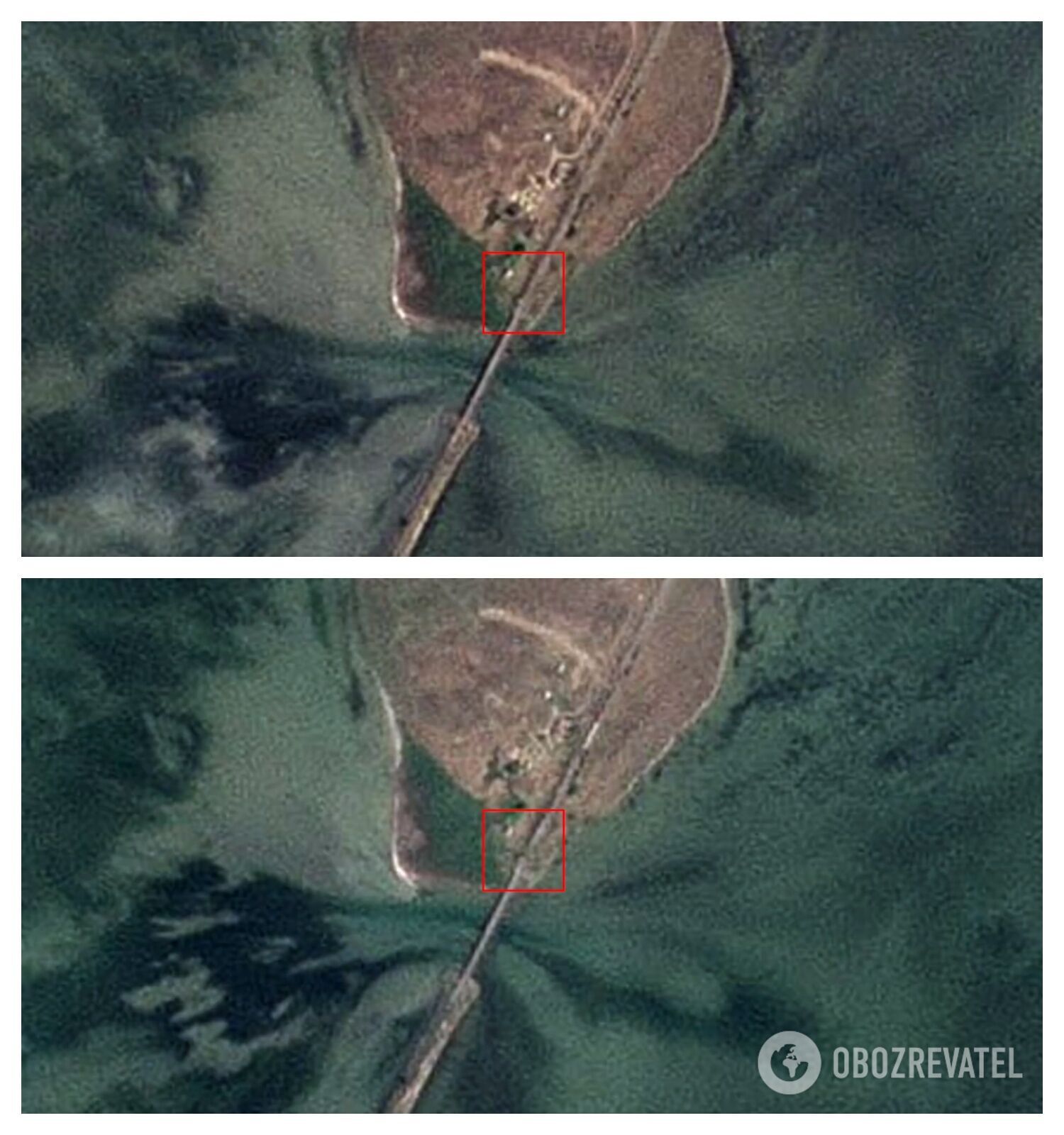 Порівняння супутникових знімків залізничного мосту в районі Чонгара