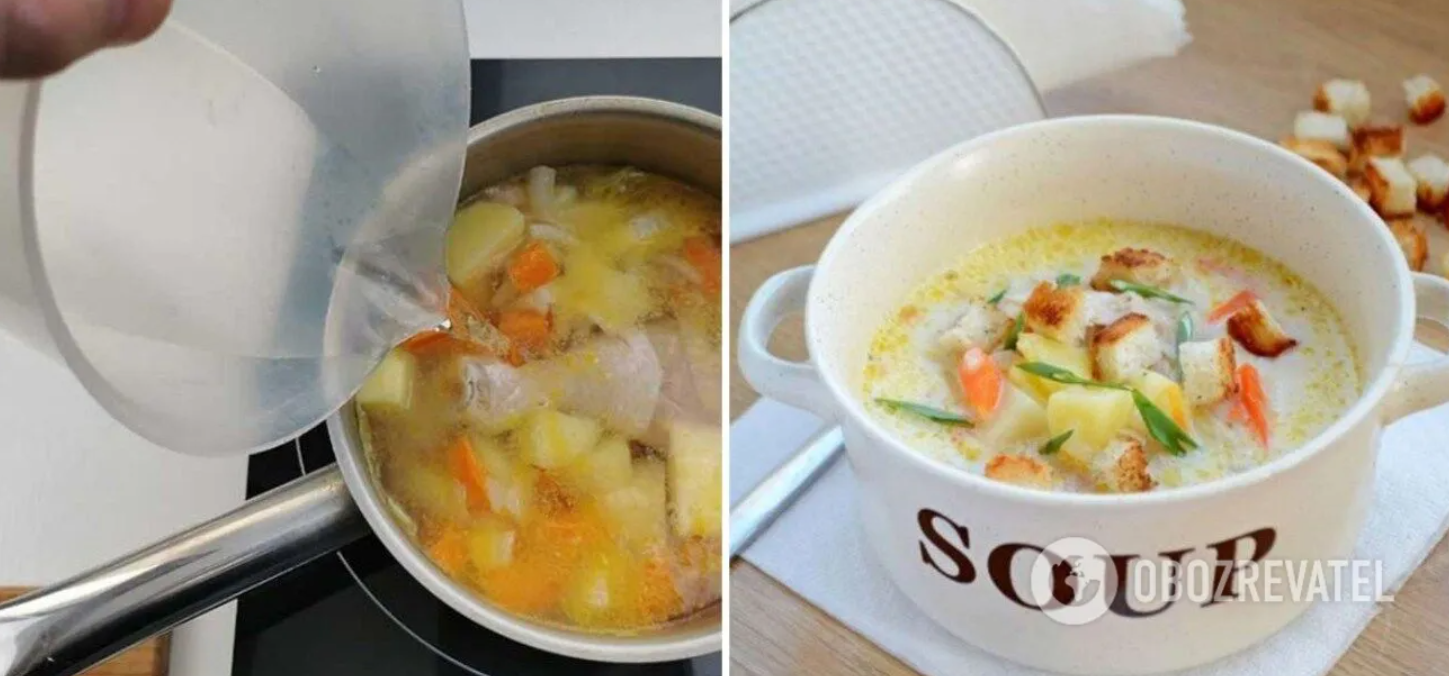 Сырный суп с мясом и грибами