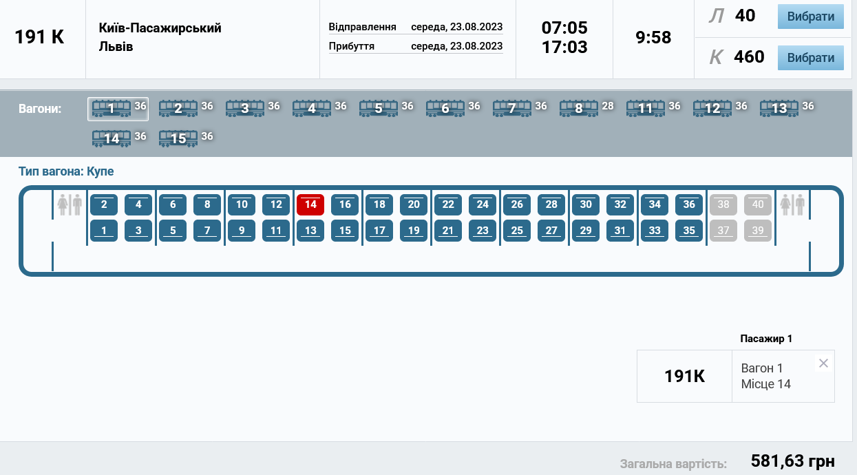Ціни на квитки в купе поїзда №191/192 Київ – Львів на 23 серпня
