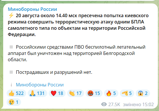 В МО РФ заявили об одном дроне самолетного типа