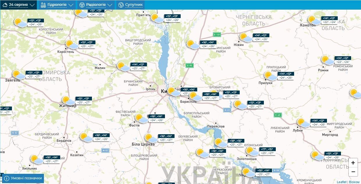 Переменная облачность и до +28°С: подробный прогноз погоды по Киевщине в День Независимости