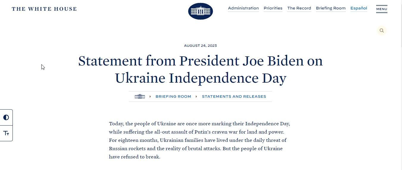 "Українці не зламалися!" Байден привітав Україну з Днем Незалежності й оголосив про нові санкції проти РФ