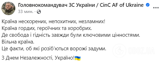 "Мы должны закончить эту войну победой": Залужный, Буданов, Наев, Малюк и Сырский поздравили украинцев с Днем Независимости