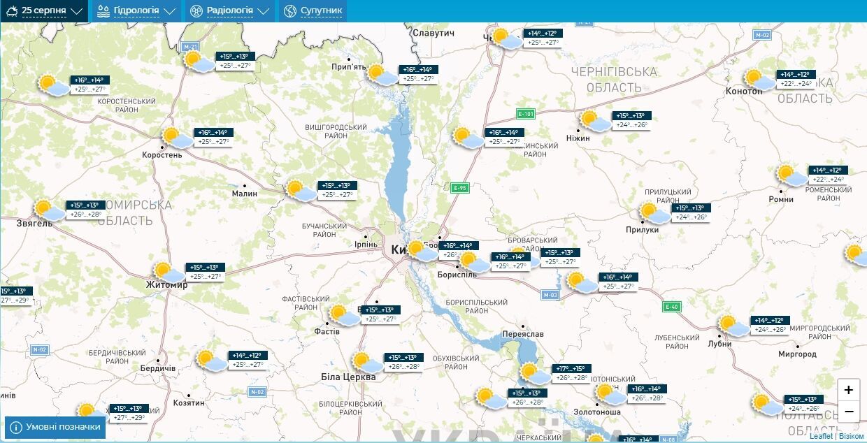 Без опадів та до +28°С: детальний прогноз погоди по Київщині на 25 серпня