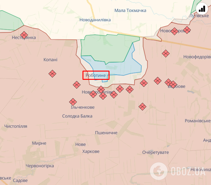 Карта бойових дій у районі Роботиного