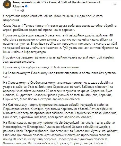 ЗСУ успішно відбили атаки росіян на сході та продовжують контрнаступ на півдні: відбулося понад 30 бойових зіткнень – Генштаб