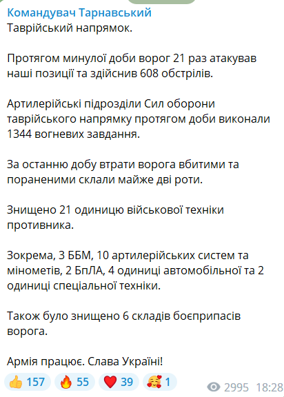 Знищено 21 одиницю техніки і 6 складів БК ворога: на Таврійському напрямку окупантам влаштували нове "пекло"