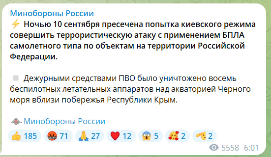 У РФ поскаржилися на нічну атаку БПЛА на Крим і видали, що "знищили український десант" біля Зміїного