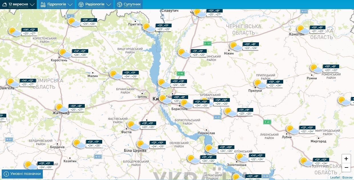 Без опадів та до +28°С: детальний прогноз погоди по Київщині на 12 вересня