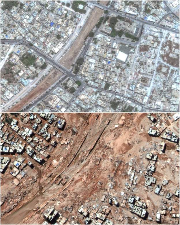 Спутниковые снимки Дерны до наводнения и после