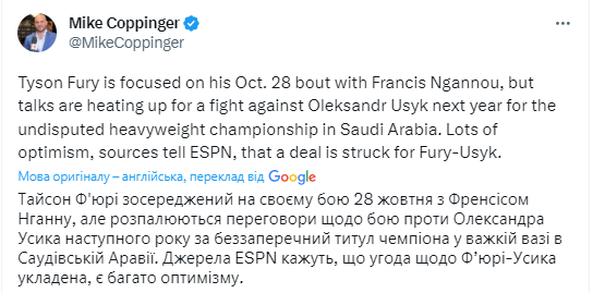 "Є багато оптимізму": розкрито нові дані щодо бою Усик – Ф'юрі