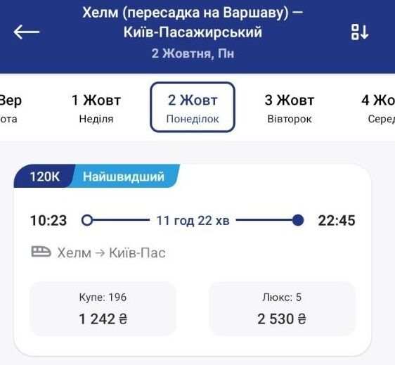 Стоимость билетов из Хелма в Киев