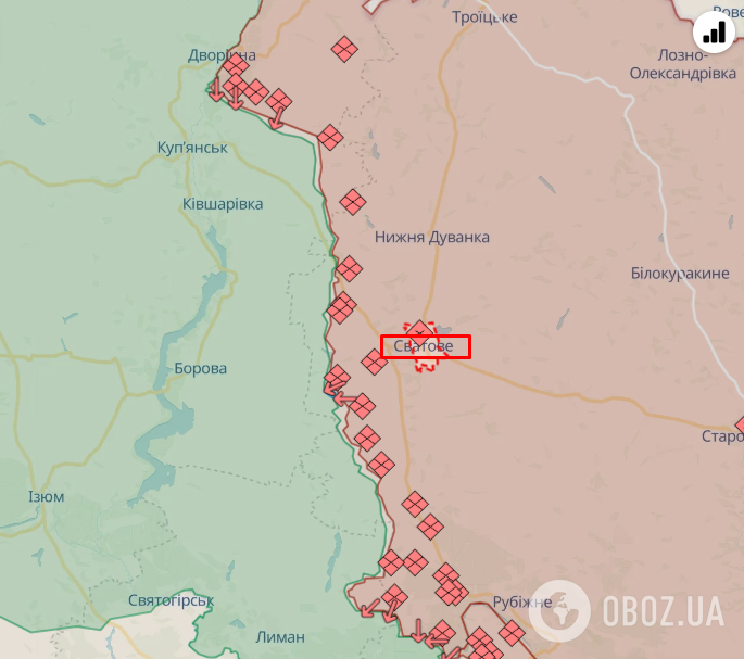 Сватове Луганської області на карті бойових дій