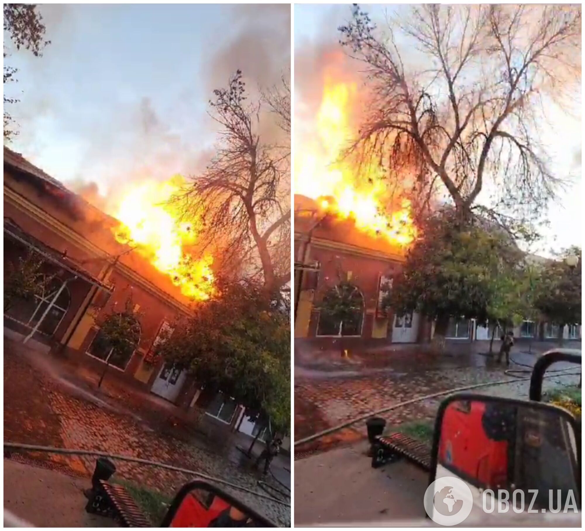 Пламя над зданием в историческом центре Ейска