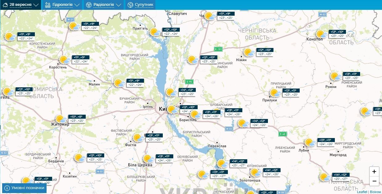 Небольшая облачность и до +28°С: подробный прогноз погоды по Киевской области на 28 сентября