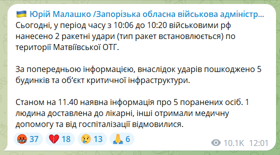 Окупанти вдарили по Запорізькій області ракетами: є поранені, пошкоджено об'єкт критичної інфраструктури