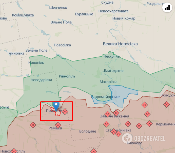 Село Приютне Запорізької області на карті лінії фронту.