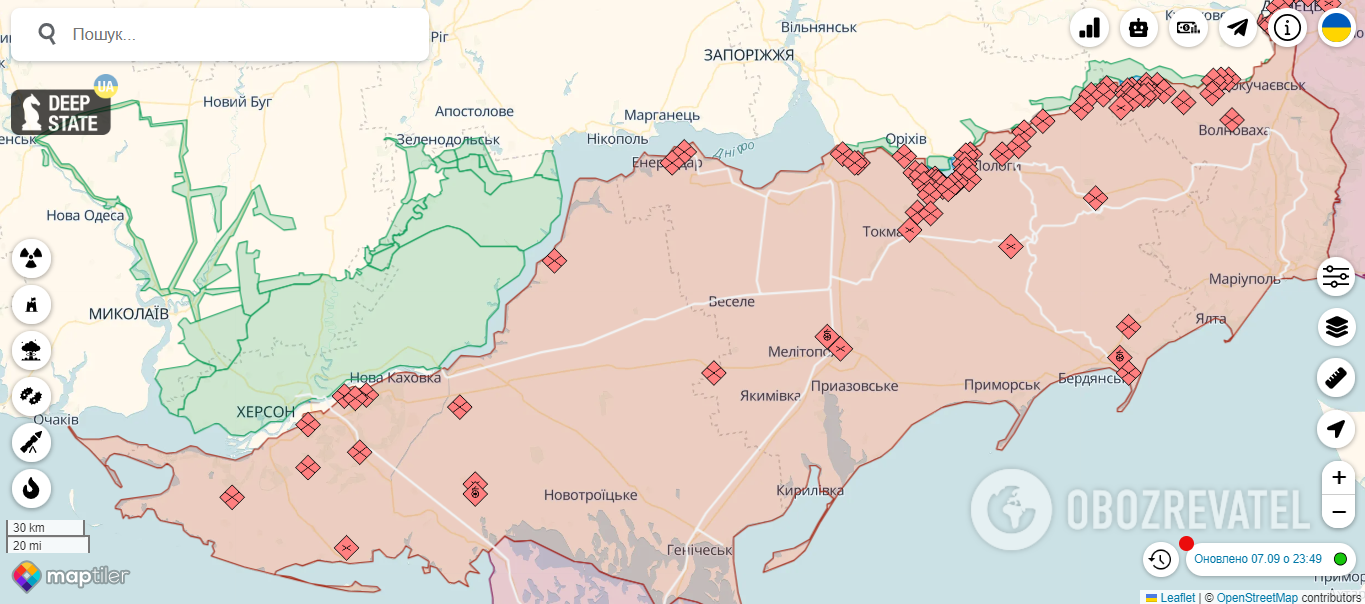 Карта линии фронта на юге Украины