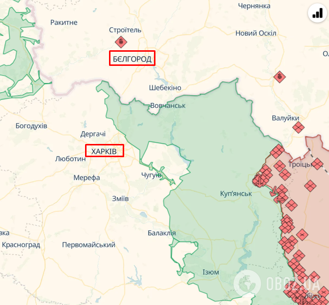 Харків (Україна) та Бєлгород (Російська Федерація) на карті