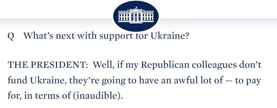 Якщо республіканці не фінансуватимуть Україну, вони дорого заплатять, – Байден