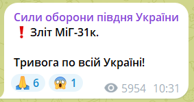 Росія підняла в повітря МіГ-31К: в Україні оголошено масштабну тривогу