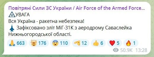 Росія піднімала в повітря МіГ-31К: в Україні було оголошено масштабну тривогу