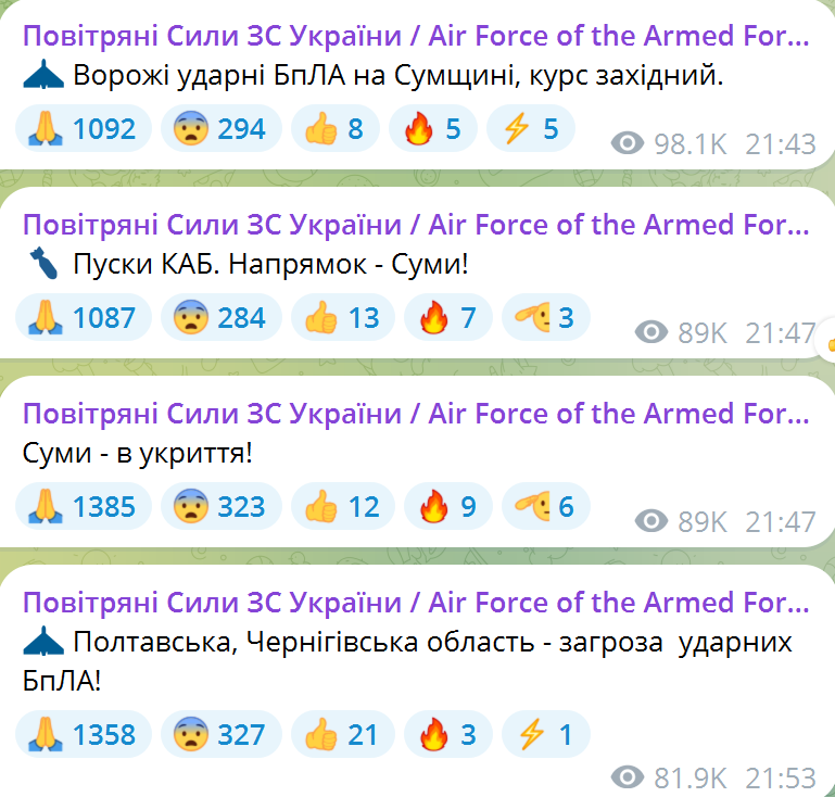 По Украине ширится воздушная тревога: враг запустил "Шахеды" из Сумского направления