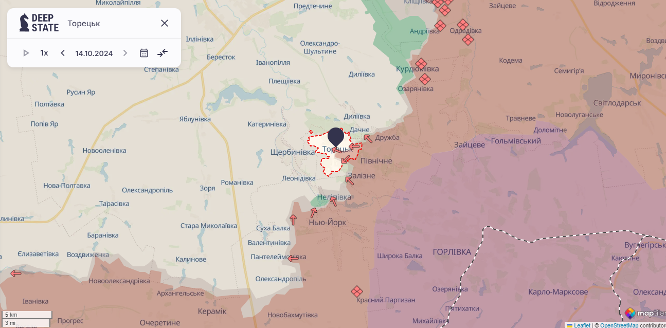 У Торецьку немає цілих будинків та укриттів, ворог займає нові райони: у ЗСУ озвучили тактику росіян. Карта