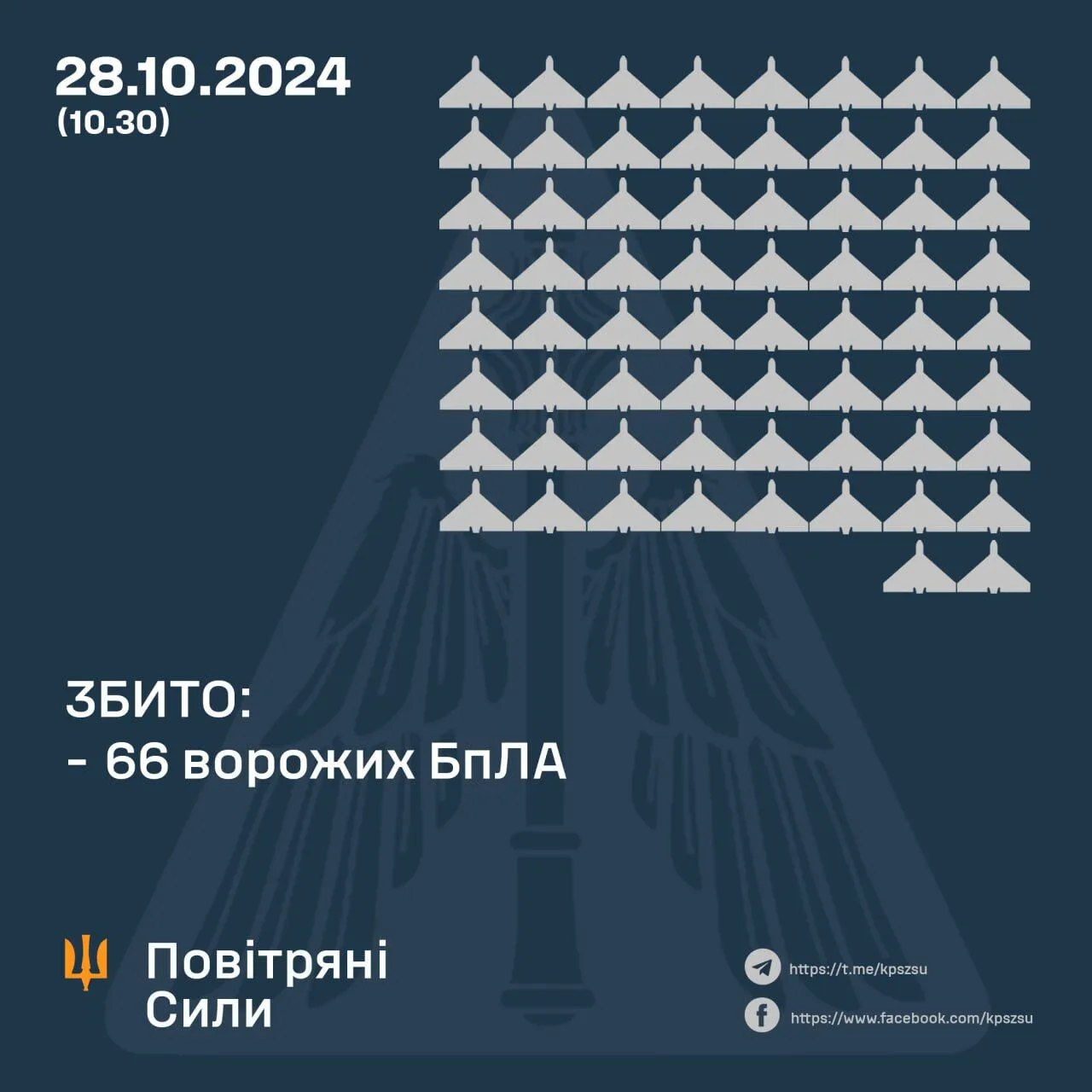 Над Украиной за ночь сбили 66 из 100 российских ударных дронов – Воздушные силы